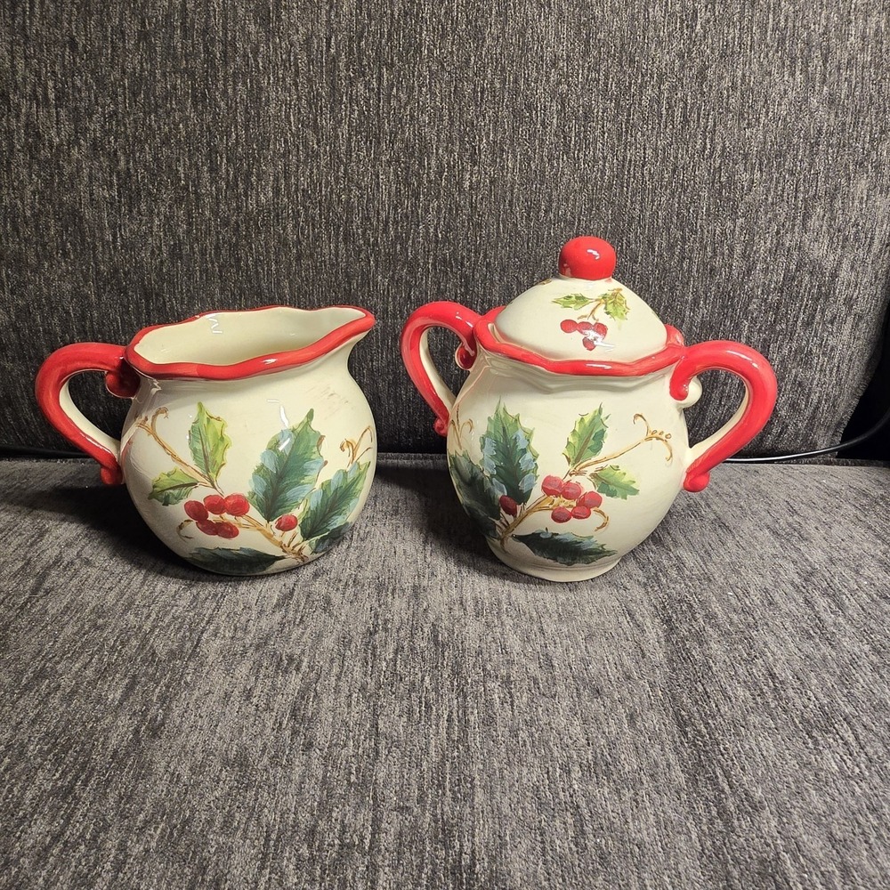 Holly Christmas Ceramic Creamer and Lidded Sugar Bowl Set Red White Holiday